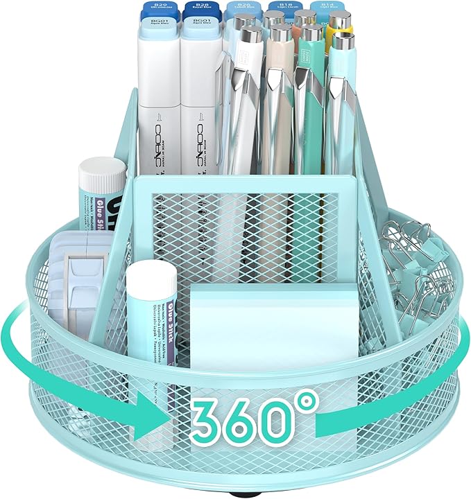 YINGHUA Metal Mesh Desk Organizer with 5 Compartments and Rotating Pencil Holder Pen and Stationery Organizer for Office Home School Anti Slip Base Blue