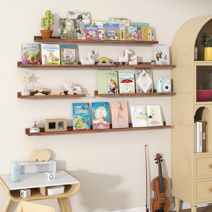 Fun Memories Picture Ledge Shelves Set of 2, 48 Inch Rustic Wall Mounted Floating Shelves with Lip for Home Storage and Décor in Bathroom, Kitchen, Nursery, Bedroom, Living Room, Walnut