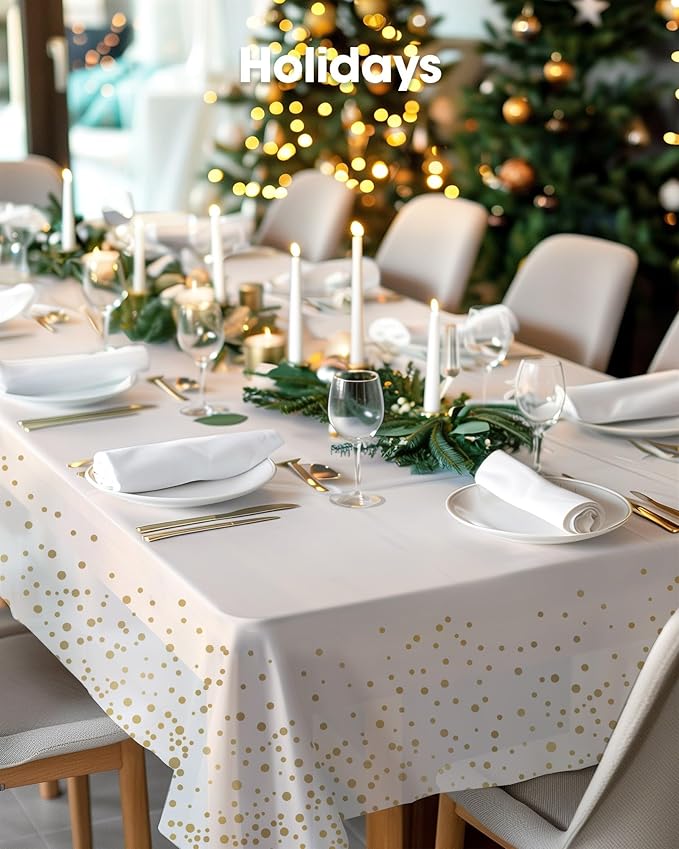 Pureegg Plastic Table Cloth Disposable 10 Pack, 54 x 108 Inch Table Cloths, Graduation Decorations Class of 2025, Graduation Tablecloths, Rectangle, Plastic Cover, Leakproof & Sturdy, White and Gold