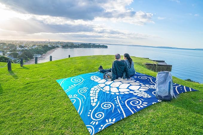 WEKAPO Beach Blanket Waterproof Sandproof Oversized Extra Large Sand Free Beach Mat with Stakes, Storage Bag - Essentials for Outdoor Beach, Picnic (Gradient Blue Sea Turtle, 8 X 7 FT (1~4 Person))