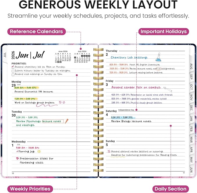 Planner 2026-2027, Academic Year Monthly and Weekly Calendar Planner, Jul 2026 - Jun 2027, Hardcover Teacher Student Planning Agenda book with Tabs, Perfect for School Office Supplies, 6.3" x 8.5" - Pink Vortex