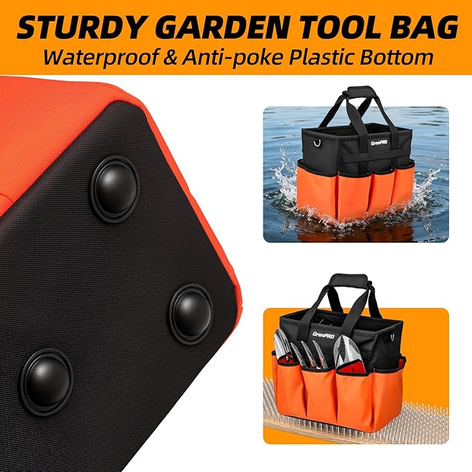 Garden Tool Bag Organizer, Heavy Duty Gardening Tote Toolbox with 10 Pockets, Adjustable Shoulder Strap, Standable & Foldable for Tool Storage, Home Garden Kit, Orange (Tools Not Included)