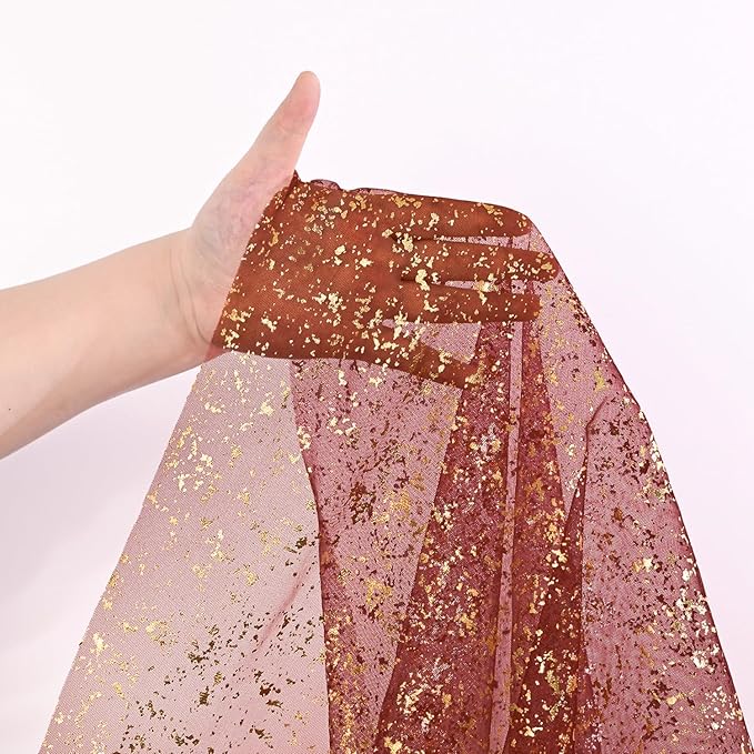 Horaldaily Burgundy Gold Gauze Tablecloth 60x60 Inch Round, Golden Sequin Glitter Metallic Foil, Sheer Tulle Cheesecloth for Wedding Baby Shower Ceremony Birthday