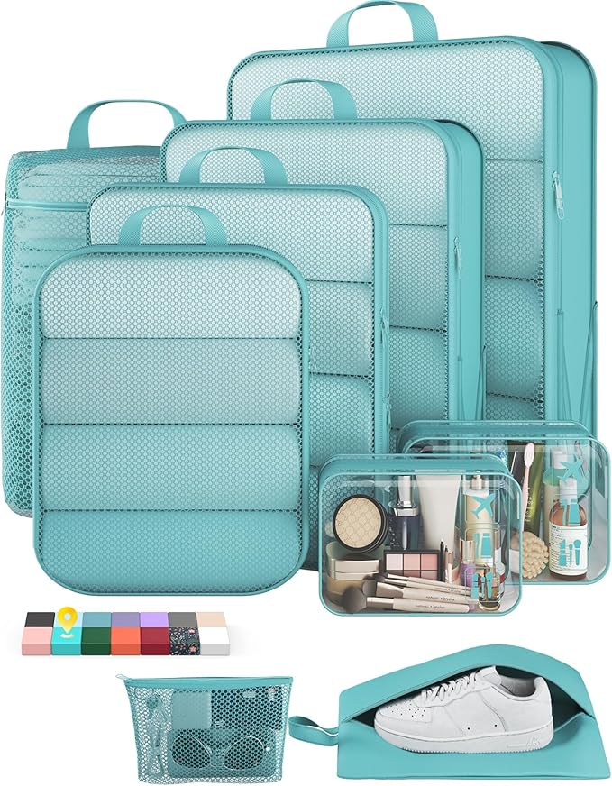 Veken 9/11 Set Compression Packing Cubes for Travel Essentials, Compressible Expandable Large Luggage Suitcase Organizer Bags for Clothing, Durable Space Saver Storage Bags (Blue Green)