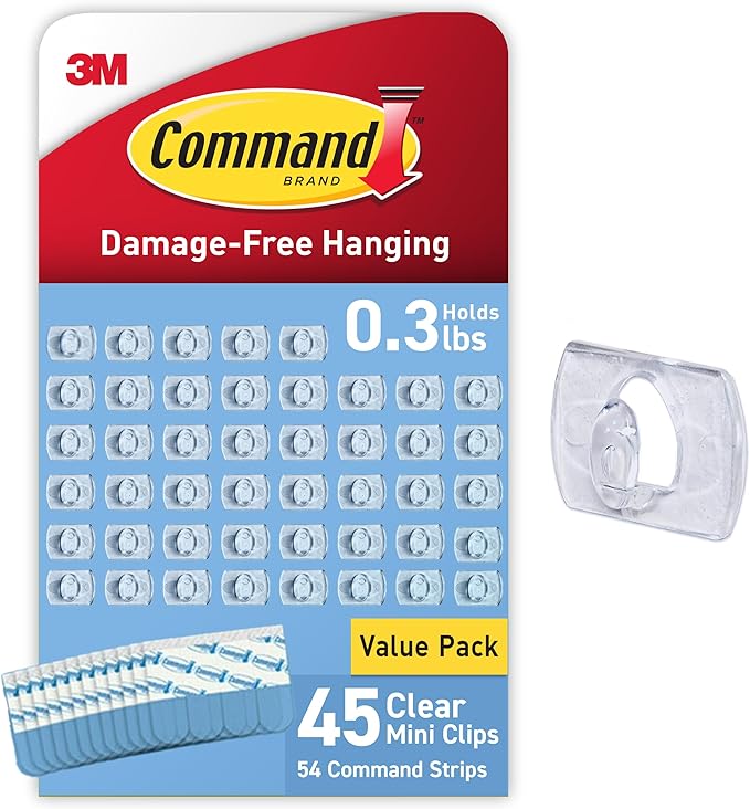 Command Indoor Mini Light Clips, 45 Clear Clips and 54 Command Strips, Damage Free Hanging Christmas Decorations, Wall Clips for Hanging Lights and Cable Management, Holds up to 0.3 lb