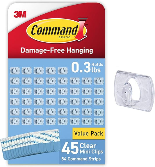 Command Indoor Mini Light Clips, 45 Clear Clips and 54 Command Strips, Damage Free Hanging Christmas Decorations, Wall Clips for Hanging Lights and Cable Management, Holds up to 0.3 lb