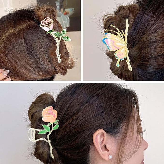 3-Piece Floral Metal Hair Accessories: Butterfly Chinese Rose Claw Clips for Thin/Medium Thick Hair, Elegant Barrettes With Strong Hold and Non-Slip Cute Catch Clamps