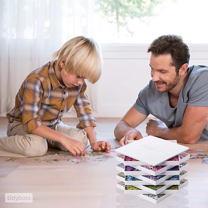 Tidyboss 8 Puzzle Sorting Trays with Lid 8" x 8" - Portable Jigsaw Puzzle Accessories White Background Makes Pieces Stand Out to Better Sort Patterns, Shapes and Colors | for Puzzles Up to 1500 Pieces