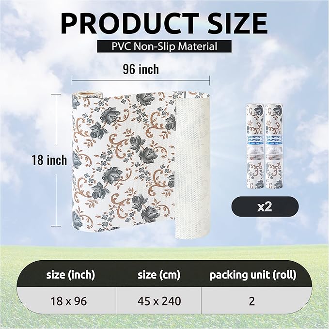 FIFTY FEET 18X96 Inch Shelf Liner for Kitchen Cabinets, PVC Drawer Liner for Dresser Non-Slip Bathroom, Non-Adhesive Cabinet Liner Washable (Black Floral)(2 Roll)