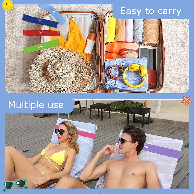 Towel Bands (6 Pack) - Stretch Beach Towel Clips for Beach Cruise Pool Chairs, Lounge Towel Holder Elastic, Cruise Ship Essentials (A Mix 6 Colors)