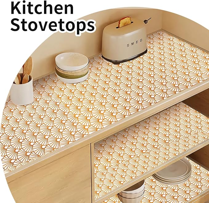 Shelf and Drawer Liner for Kitchen Cabinet,Non-Adhesive Waterproof Oil-Proof Easy Clean Shelf Liner for Dresser & Bathroom Vanities with Adhesive Dots & Cutting Tool(12 in X 10 Ft Gold Fish Scale)