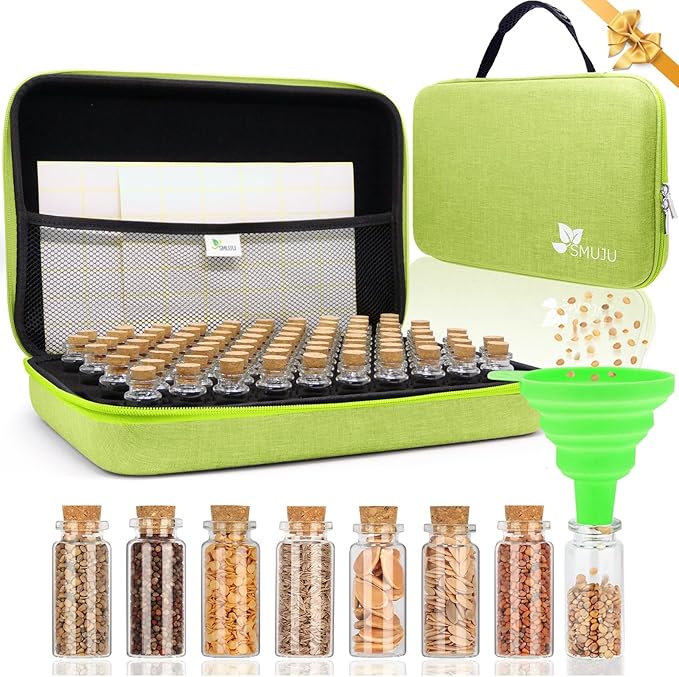 【80 Slots】 Seed Storage Organizer, Sturdy Organizer Box with Dual Zipper Bag and 84Pcs Label Stickers, Glass Seed Storage Container for Flower Vegetable Plants Garden Seeds Saving, Green