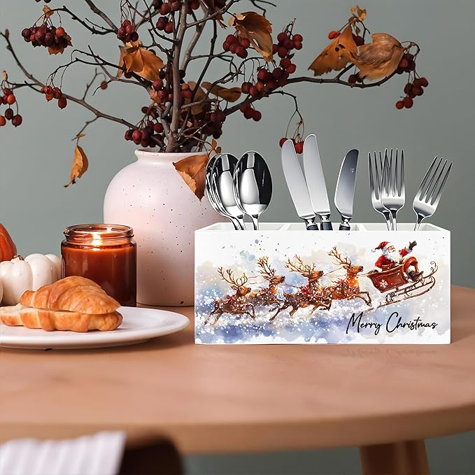 Winter Christmas Santa Pen Pencil Holder for Desk, Christmas Office Decor, Snowy Xmas Santa Claus and Reindeer Wooden Box Block Sign for Home Office Desk Tabletop Decoration