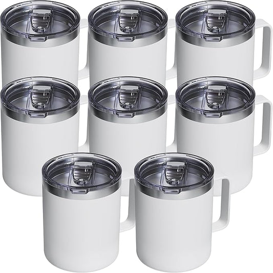 8 Pack 12oz Insulated Coffee Mug with Lid – Double Wall Stainless Steel Travel Cups with Handle, Keep Hot & Cold Drinks, Ideal Gift for Coffee Lovers, Home, Office & Camping, White