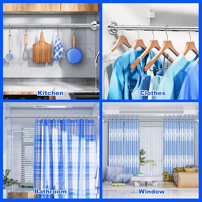 Ausemku Shower Curtain Rod - 32-104 Inch Rustproof Tension Rod, Non-Slip Spring Design, No Drilling Adjustable Curtain Rod for Bathroom, Kitchen, and Closet（Silver）