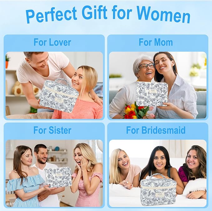 3Pcs Cotton Quilted Makeup Bag for Women Girls Large Small Travel Black Floral Cosmetic Bags Set Cute Coquette Makeup Pouch for Purse Aesthetic Cloth Flower Storage Toiletry Bag Organizer