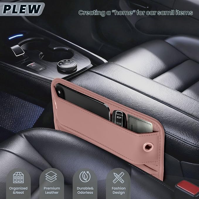 PLEW 2-Pack Car Seat Gap Filler for women, Premium Leather Console Organizer Universal Fit for Car SUV Truck Multi-Purpose Essentials Organizer - Anti-Drop Auto Interior Accessories（Dune Pink