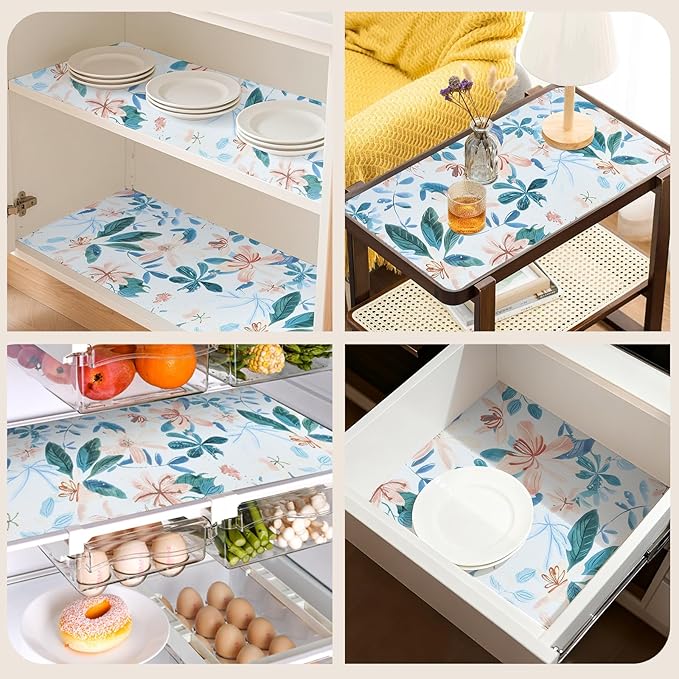 Drawer and Shelf Liner for Kitchen Cabinet,Non Adhesive Anti-Slip Double Layer PVC Waterproof Easy Clean for Dresser Bathroom Refrigerator with Knife Tape Measure(12 in X 10 Ft Colored Flowers)