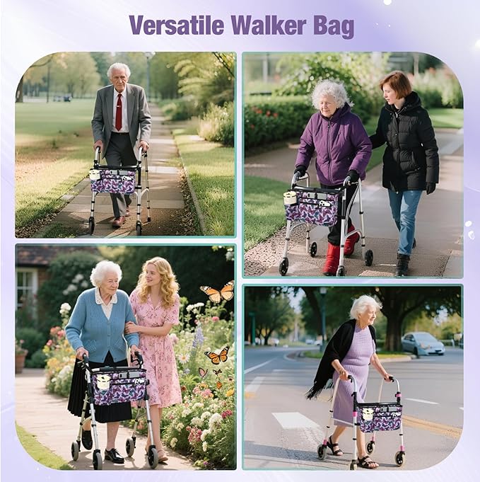Walker Bag with Cup Holder, Walker Accessories for Seniors Detachable, Foldable Walker Basket with Big Capacity, Best Gift- Purple (Not Fit Rollator Walkers)