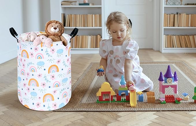 Rainbow Print Round Laundry Hamper Storage Basket Bins Clothes Nursery Hamper for Home, Gift Storage Bins with Handles