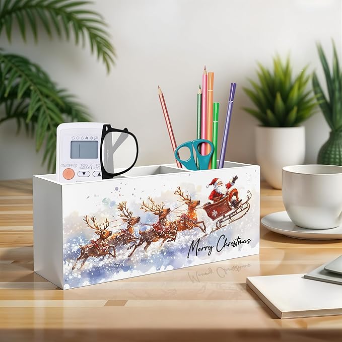 Winter Christmas Santa Pen Pencil Holder for Desk, Christmas Office Decor, Snowy Xmas Santa Claus and Reindeer Wooden Box Block Sign for Home Office Desk Tabletop Decoration