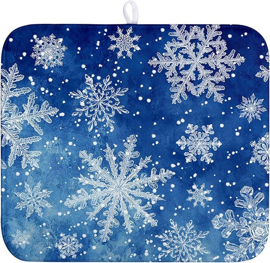 Winter Blue Snowflake Dish Drying Mat for Kitchen Counter Merry Christmas Snowflakes Drying Mats Xmas Holiday Dish Draining Mat Microfiber Absorbent Dish Drainer Rack Pad 16x18 Inch
