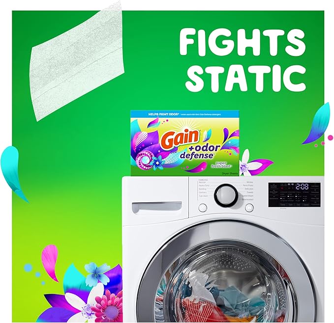 Gain Dryer Sheets Plus Odor Defense,Super Fresh Blast Scent,Helps fight static and odor,laundry sheets,240 Count (Pack of 4)
