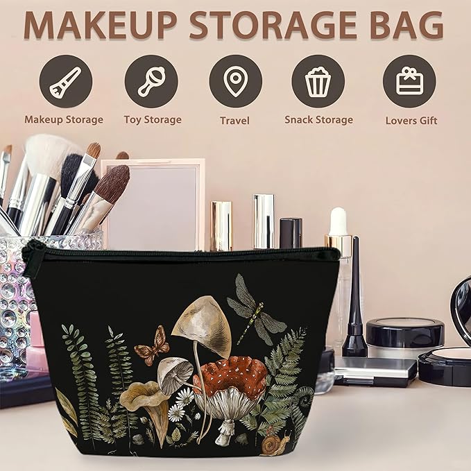 Cute Magic Mushroom Cosmetic Bag Forest Plants Makeup Bags,Travel Make up Bags for Women Girls Cute Zipper Pouch Toiletry Organizer Bag Travel Essentials