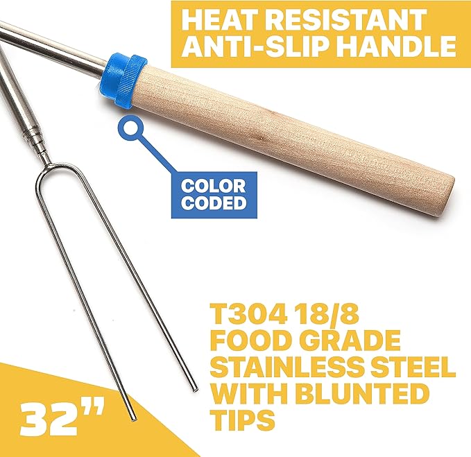 BEARCLAW Smores Sticks for Fire Pit - Accessories for Campfire Marshmallow Roasting Sticks Smores Kit Outdoor-Smore Skewers Hot Dog Fork For Outside, Camping Essentials Bonfire Gear Long 32" 10 Pack