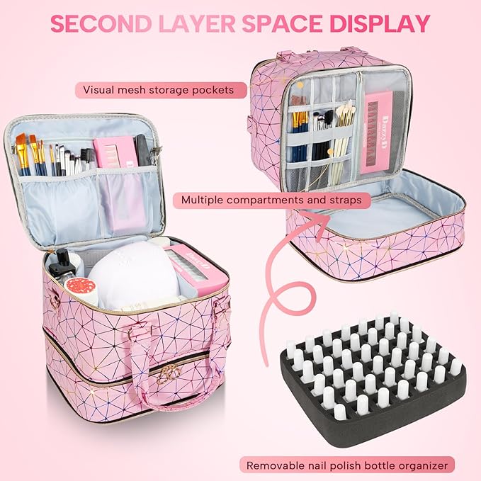 Nail Polish Organizer Bag Holds 84 Bottles & Nail Lamp, 3 Layers Nail Kit Storage Carrying Case Pu Leather, Large Nail Supplies Organizer With Shoulder Strap, Portable Travel Nail Bag, Pink