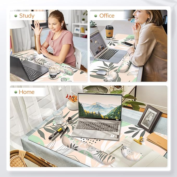 Gimars 4-in-1 Mouse Pad and Keyboard Wrist Rest Set, Large Mouse Pad with Memory Foam Wrist Support Pad for Desk with Coaster, Easy Typing Pain Relief, Gaming Office Home 31.5x12 inch, Morandi Beige