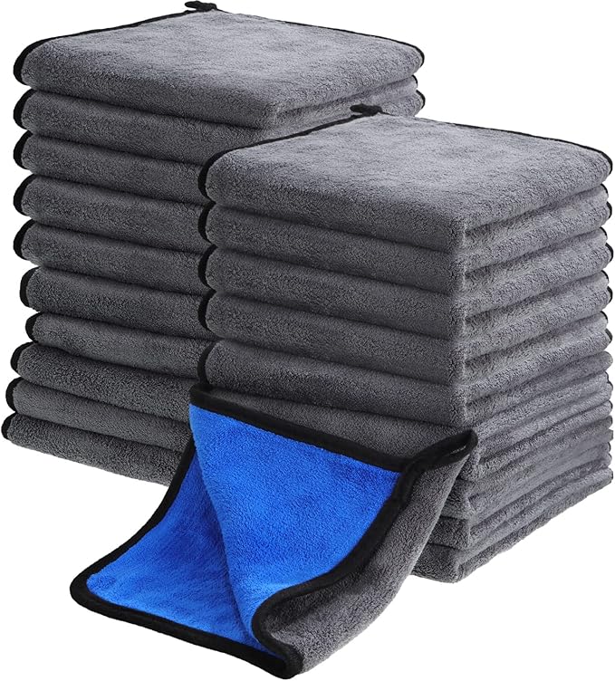 Nuenen 20 Count Microfiber Cleaning Towels for Cars 800 GSM Thick Plush Microfiber Cleaning Cloth Dusting Cloth Auto Detailing Absorbent Towels for Car Kitchen Window, 15.75 Inch (Grey and Blue)