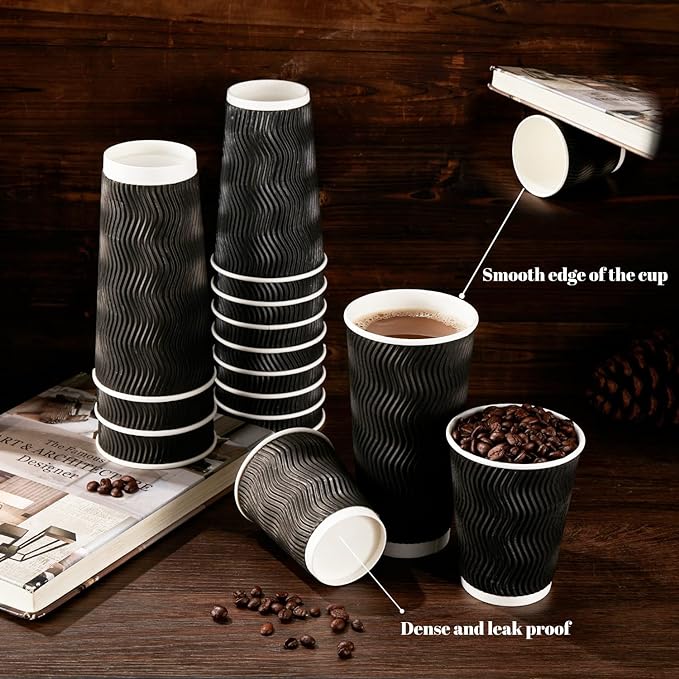 Lamosi 12 oz Disposable Coffee Cups - 120 Pack, Insulated Corrugated Paper Cups 12 oz, Kraft Ripple Wall Cups for Hot Beverage or Cold Drinks Office/Home/Party/Travel/Cafe (Black)
