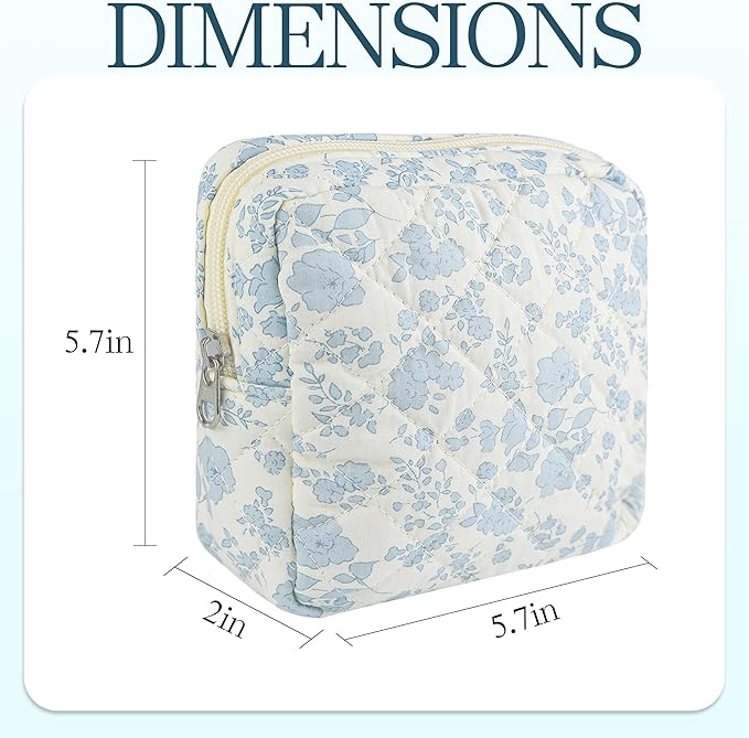 Small Floral Quilted Makeup Bag, Coquette Aesthetic Travel Toiletry Organizer for Women, Lightweight Cotton Cosmetic Pouch