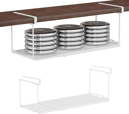 2 Pack Expandable Under Cabinet Shelf, Under Shelf Storage with 0.94 Inches Thick Clips for Kitchen Cupboard, Metal Hanging Under Desk Basket for Laundry Room, Shoe Rack