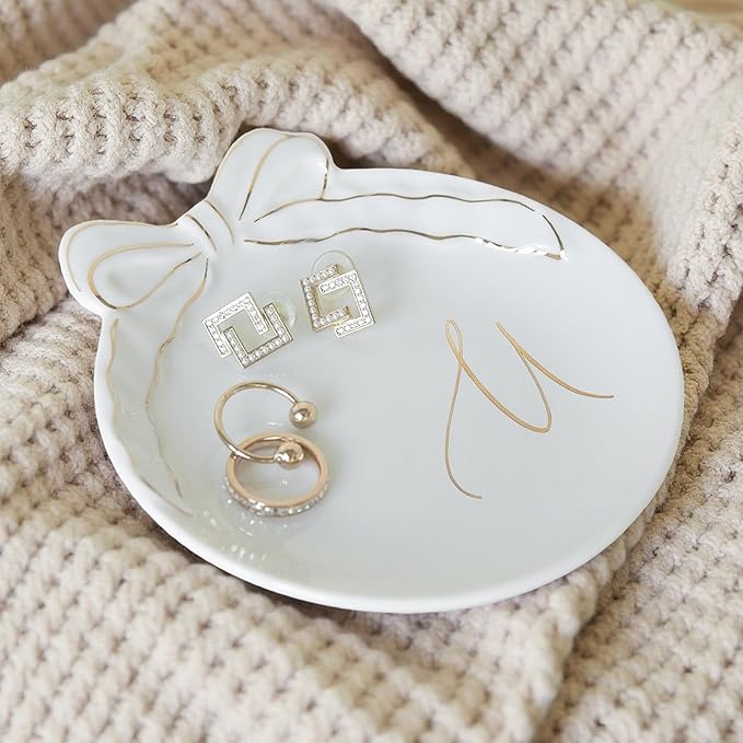 COLLECTIVE HOME - Personalized Initial Ceramic Jewelry Tray with Bow, Christmas Gift Ideas for Women, Small Gift for Girlfriend Wife, Ring Holder, Earrings Dish, Birthday Gift for Her (U)