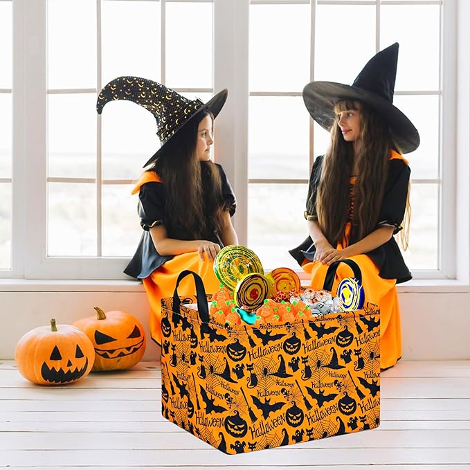 Halloween Storage Basket Pumpkin Ghost Gift Basket for Kids Foldable Toy Box Waterproof Organizer Bin Laundry Nursery Hamper for Home Office Dorm Closet Shelf