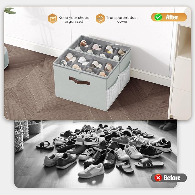 Budding Joy 2 Pack Shoe Organizer for Closet, Clear Foldable Shoe Storage Containers Adjustable Dividers Fits 16 Pairs, Shoe Storage Bins Baskets Boxes with Reinforced Handles Light Grey