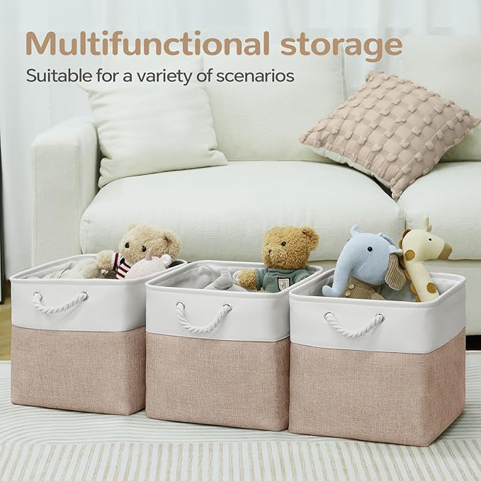 VQRTEXA 12 x 12 Inch Cube Storage Bins, 4 Pack Fabric Storage Basket with Handles, Foldable Boxes Organizer for Shelf Baskets for Home, Clothes (White/Khaki)