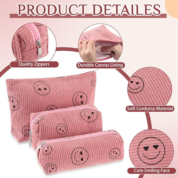 3 Pcs Makeup Bag Set for Women Corduroy Cosmetic Pouch Aesthetic Smile Travel Toiletry Bag Cute Purse Pouch Pencil Case Makeup Brushes Storage Organizer for Christmas(Pink,Smile Face)