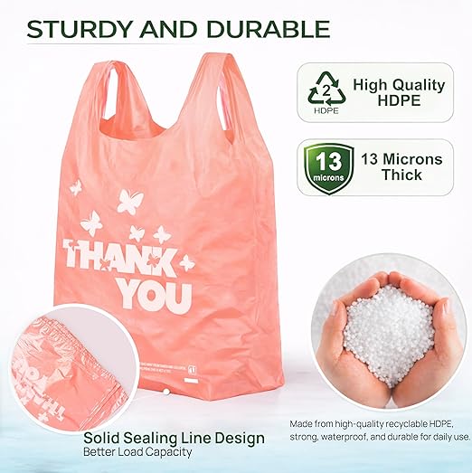 YoYoRain PINK Thank you bags, 1000PCS T shirt bags, To Go Bags,Grocery bags, Reusable and Disposable,Perfect for Small Business,Take Out,Retails,11"x6"x21"(1000)