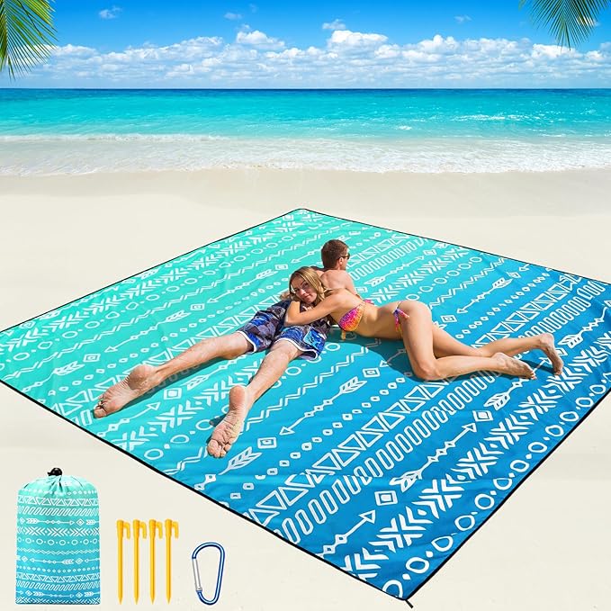 Beach Blanket Waterproof Sandproof Beach Mat 79" X 83"/10'x9' for 2-8 Adults Quick Drying Outdoor Picnic Mat Beach Accessories for Travel, Camping, Hiking