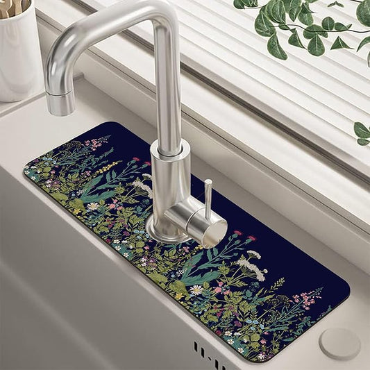 Colorful Herbs and Wild Flowers Kitchen Sink Splash Guard Faucet Mat Super Absorbent Fast Drying Mat Guard Behind Faucet Drip Catcher for Kitchen Bathroom, 15.5"X5.5"