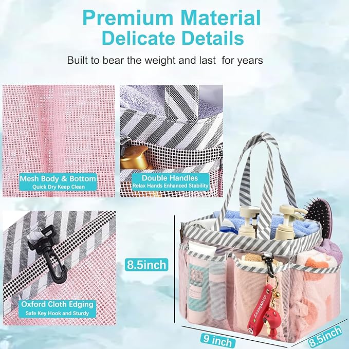 Haundry Mesh Shower Caddy Portable for College Dorm Room Essentials, Shower Caddy Tote with 8 Pockets Large Capacity, Shower Bag for Beach, Swimming, Gym, Pink