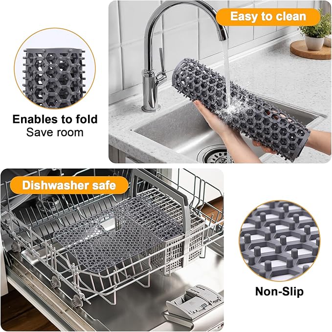 Silicone Sink Mat, 28.62"x 14.76" Heat-resistant Sink Protectors, Drying Mats for Kitchen of Bottom Farmhouse Porcelain Stainless Steel, Kitchen Accessory, Right & Left Drain（Grey）