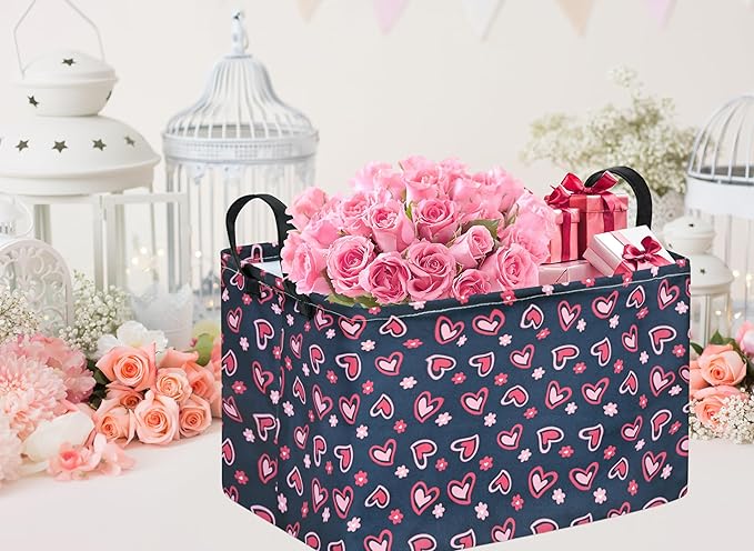 Rec Heart Print Box Hamper Storage Basket Collapsible Organizer Bin Gift Shelf Baskets for Home and Kitchen Storage