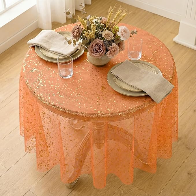 Horaldaily Orange Gold Gauze Tablecloth 60x60 Inch Round, Orange Sequin Glitter Metallic Foil, Sheer Tulle Cheesecloth for Wedding Baby Shower Ceremony Birthday