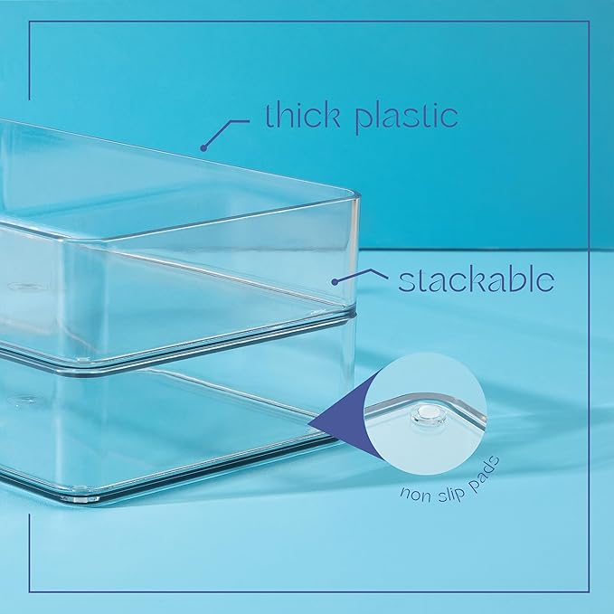 primebox Eight Piecs. Plastic Clear Drawer Organizers for Bathroom, Kitchen, Bedroom, Office Organizer Bins, Storage Trays. Heavy Duty, Stackable 4 Sizes