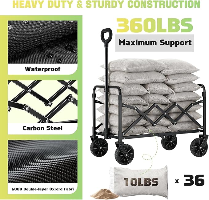 360LBS Collapsible Foldable Wagon Carts - Heavy Duty Portable Folding Utility Wagons with All-Terrain Wheels for Grocery Sports Shopping Camping Garden Beach, 2 Drink Holders/Lightweight/Black