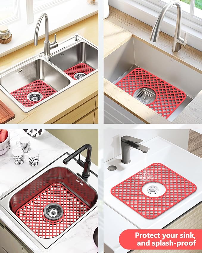 2 Pack Silicone Sink Protector for Kitchen Sink, Lozenge Pattern 13 x 11 inches Sink Grid Mat Silicone Protectors, Center Drain, Red